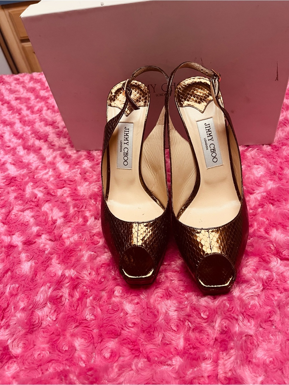Jimmy Choo Bronze Metallic Snake-Embossed Peep-Toe Slingback Heels